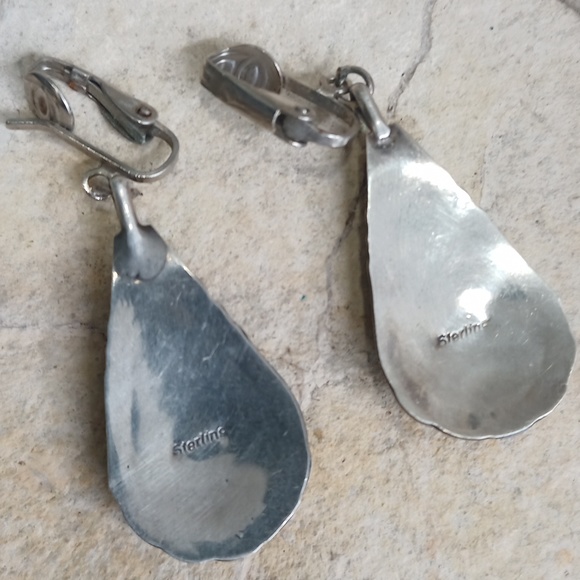 Vintage 925 Sterling Silver and Coral  Earrings 2" Long Clip back - Picture 4 of 6